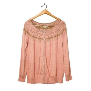 April Cornell Blush Pink Crochet Yoke Button Cardigan